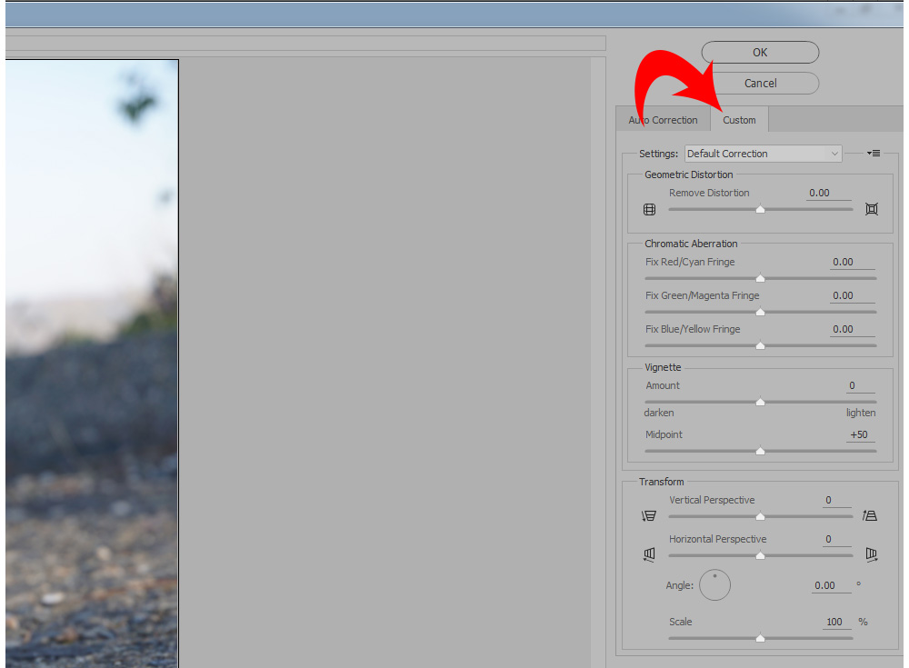 Screen Shot from Photoshop CC2015 Filter > Lens Correction. Custom Tab.